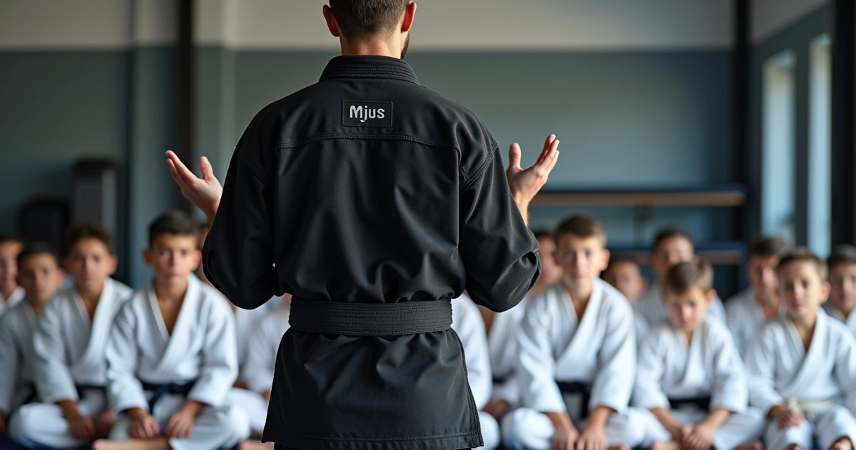 Instrutor de Jiu-Jitsu motivando alunos durante aula coletiva em tatame claro 