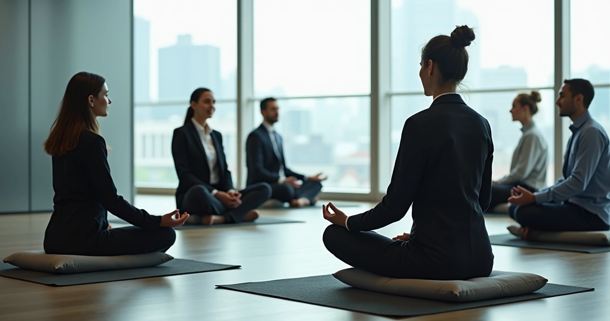 Instrutor conduzindo sessão de meditação em empresa