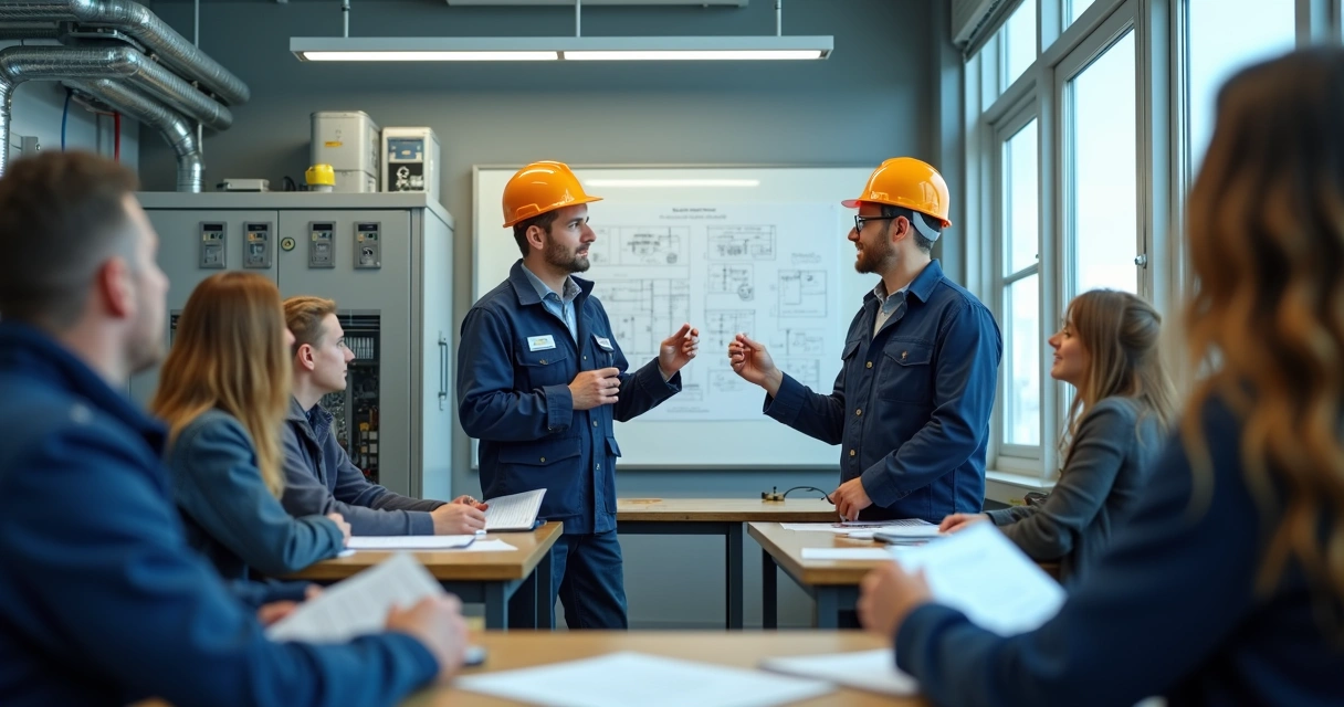 Instrutor explica painel elétrico em aula prática de NR-10, alunos observam atentamente