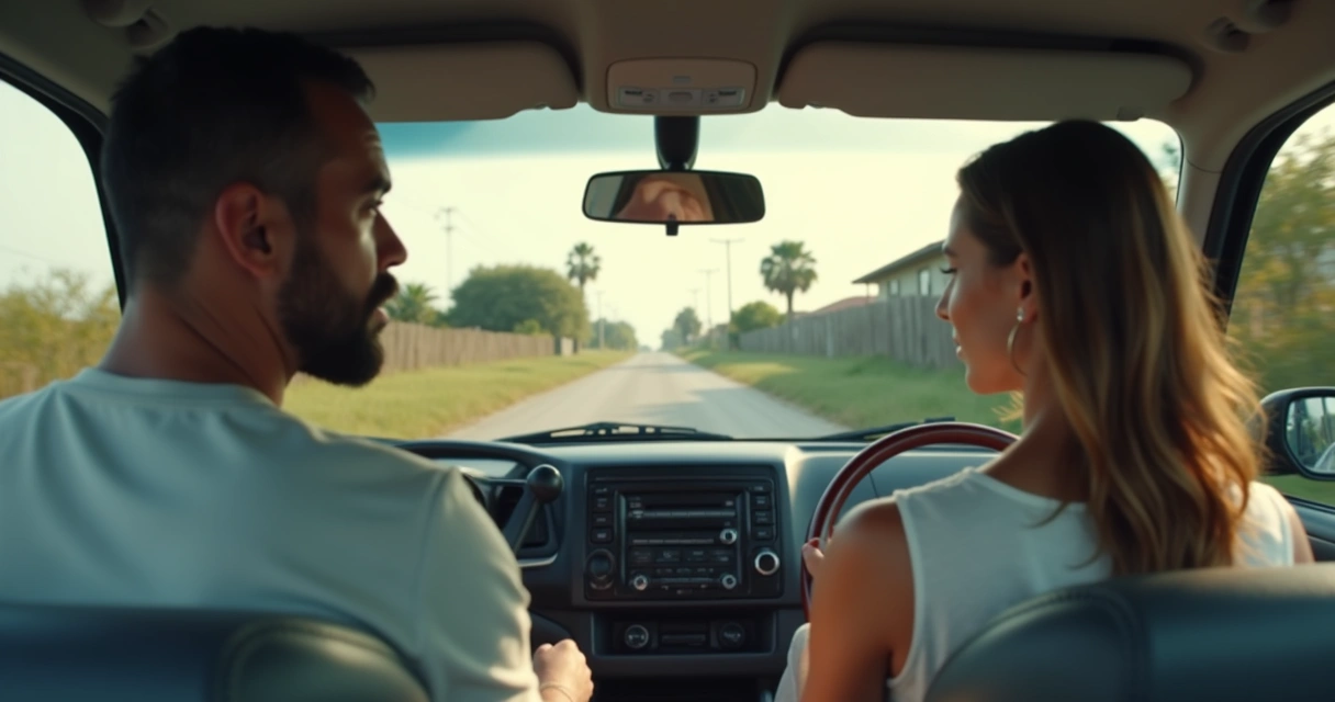 Instrutor autônomo sentado ao lado do candidato dentro de um carro simples, ambos olhando para frente