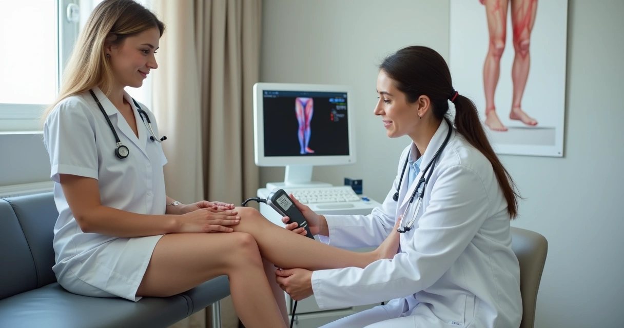 Médico vascular avaliando pernas com sinais iniciais de insuficiência venosa 