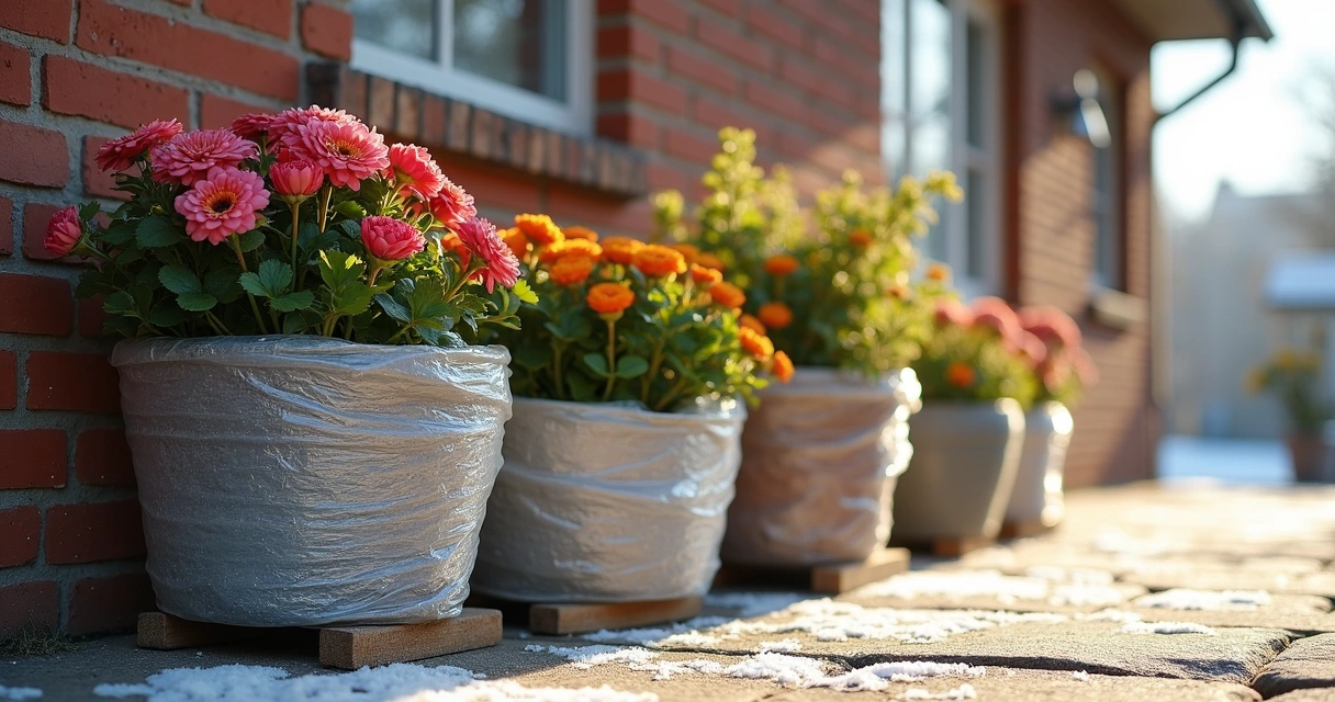 Potted plants grouped and insulated on a porch for winter protection