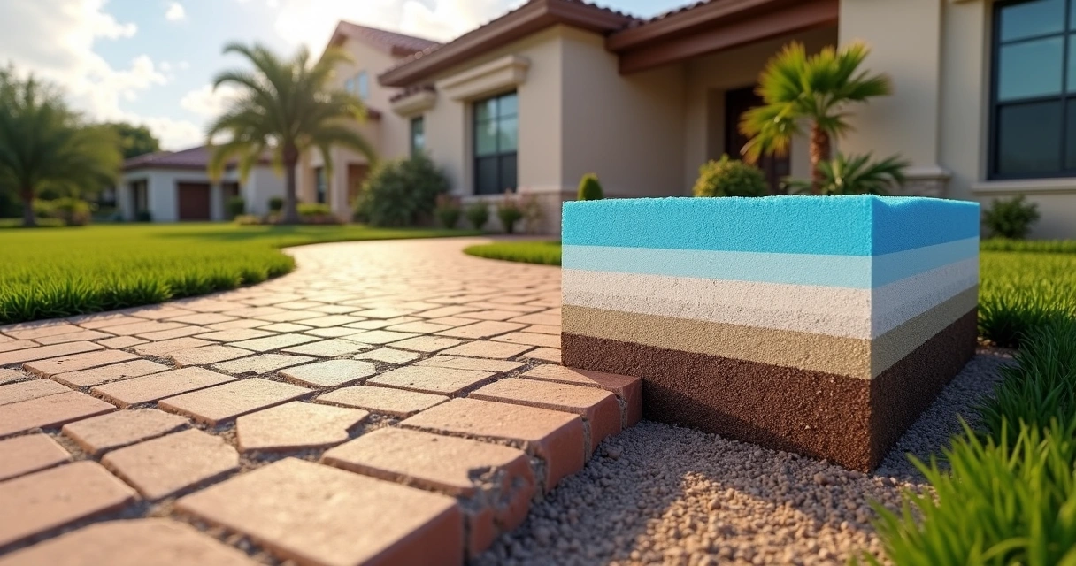 Cross section of an insulated paver walkway in a suburban yard 