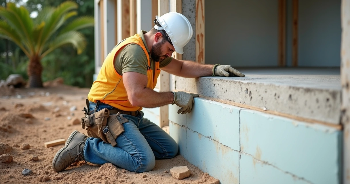 Installer placing foam board insulation at slab edge