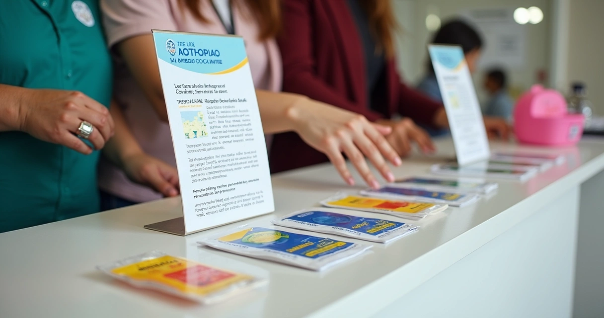 Preservativos, lubrificantes e informativos em balcão de unidade de saúde