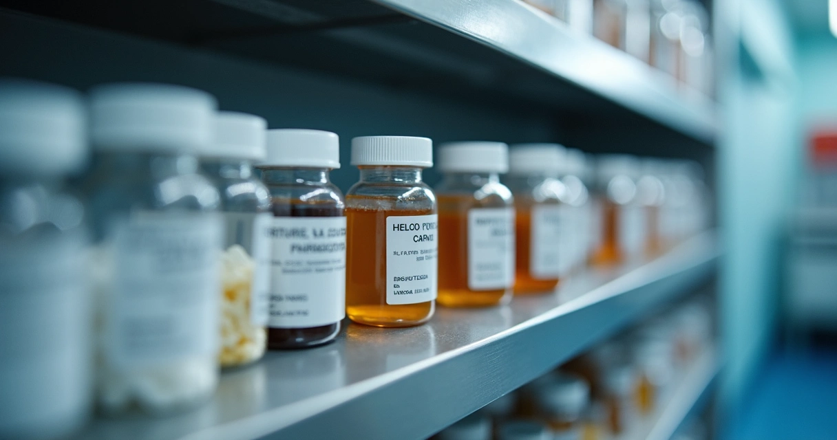Insumos farmacêuticos organizados em laboratório em Curitiba