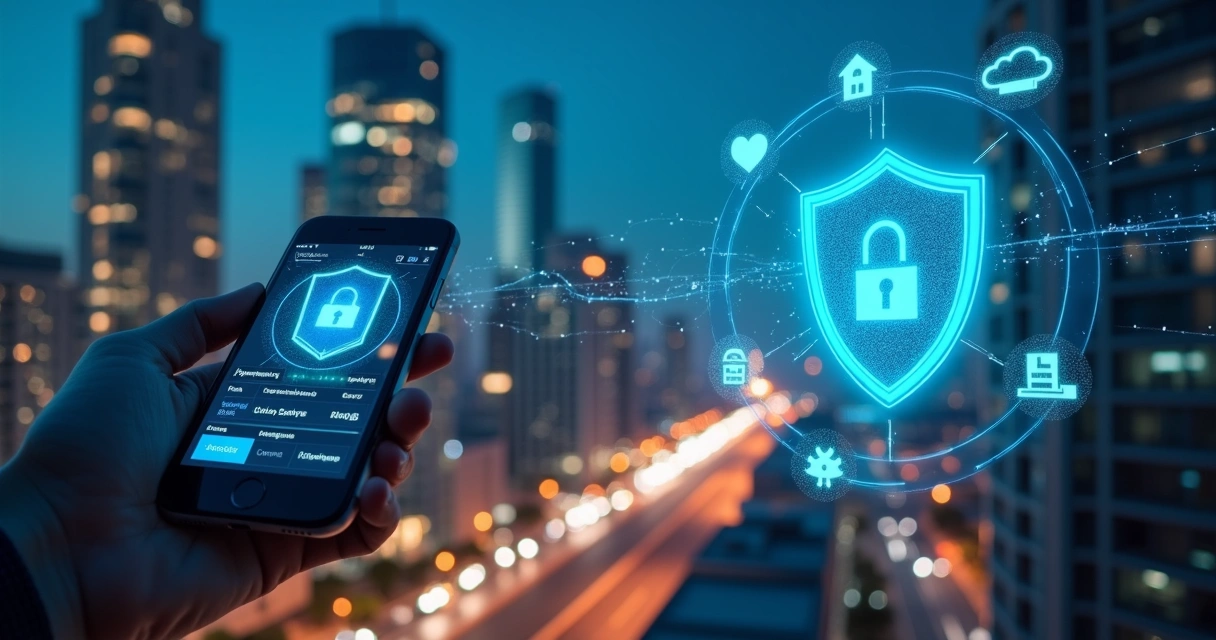 Cidade à noite com edifícios protegidos por escudo digital de seguros 