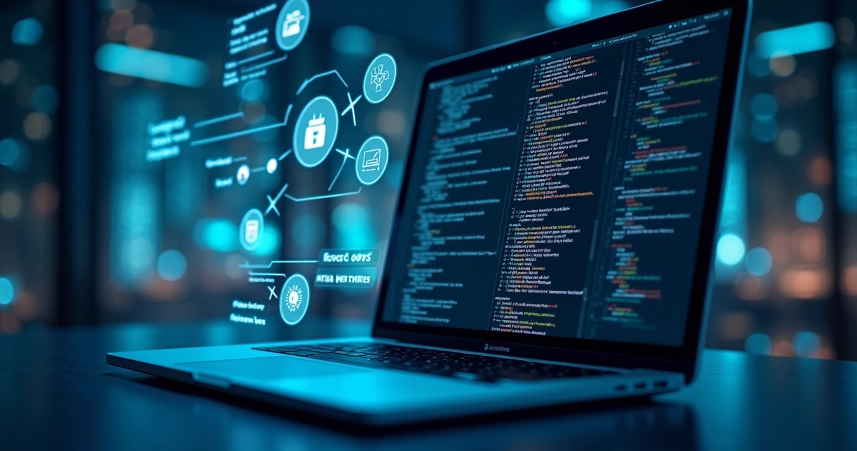 Tela de computador exibindo código de integração API e diagramas de webhooks e filas assíncronas para automação fiscal em tempo real 