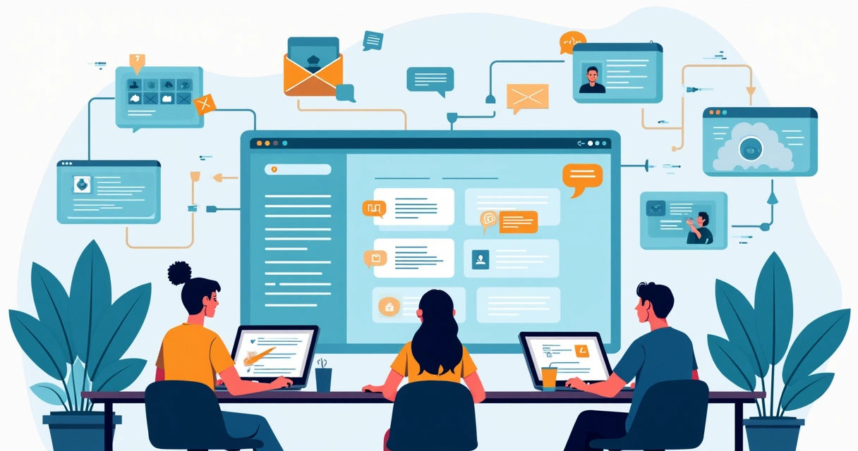 Representação de vários canais de comunicação, como aplicativos de mensagens, e-mail e site, integrados em uma única tela. 