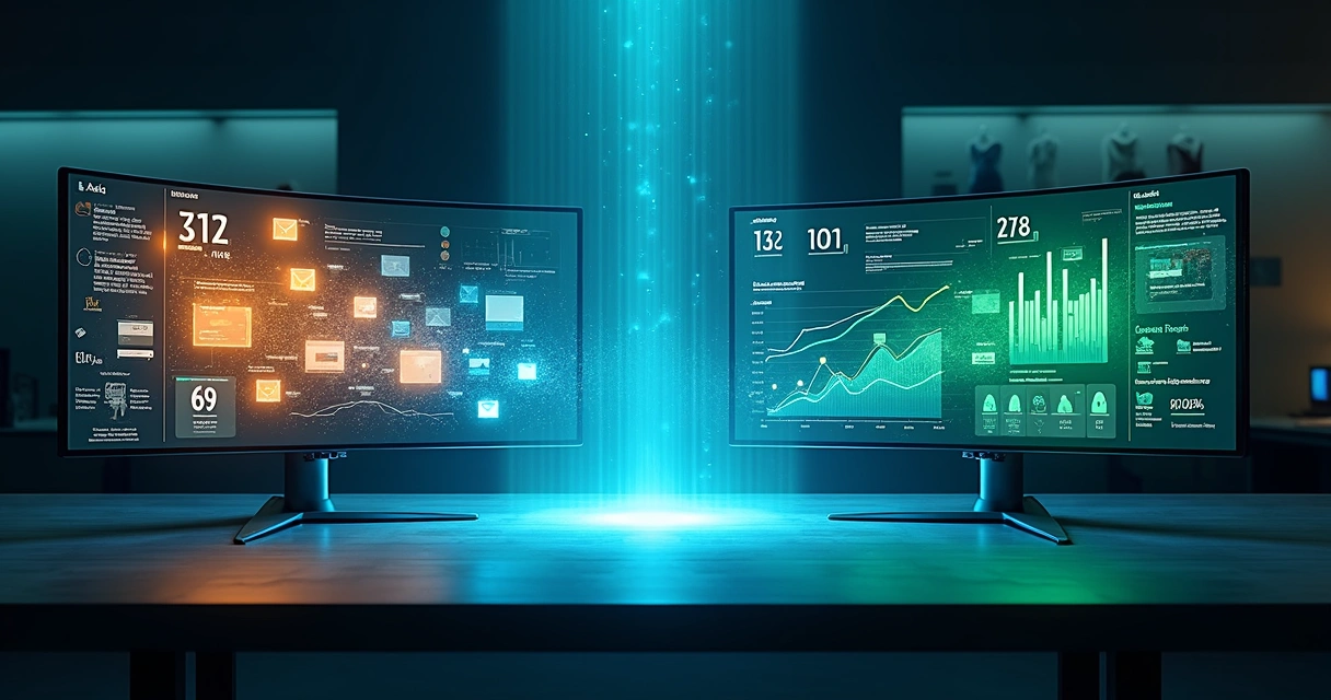 Representação visual de dados de e-commerce e CRM convergindo em um único painel 