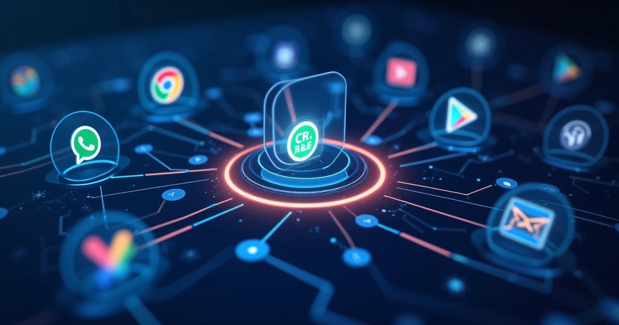 Painel mostrando conexões entre CRM, WhatsApp, e várias ferramentas online 