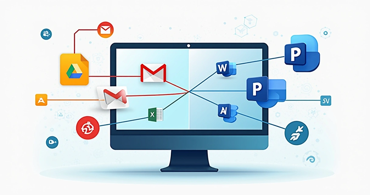 Integração entre aplicativos do Google e Microsoft em uma interface de computador 