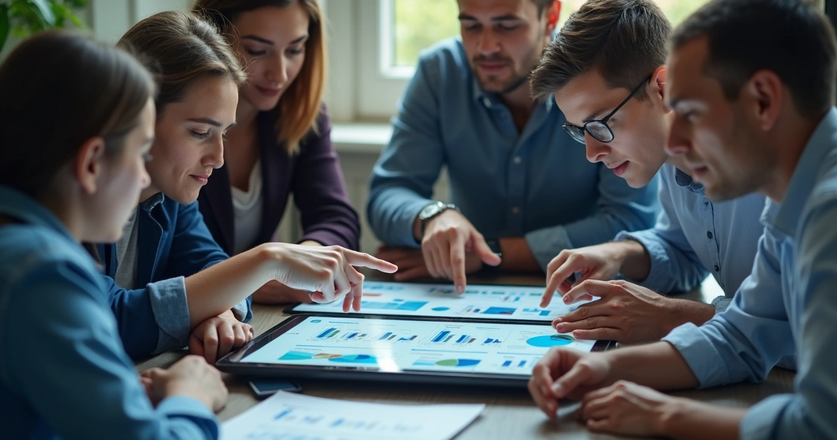 Equipe conversando ao redor de um tablet mostrando gráficos de marketing digital 