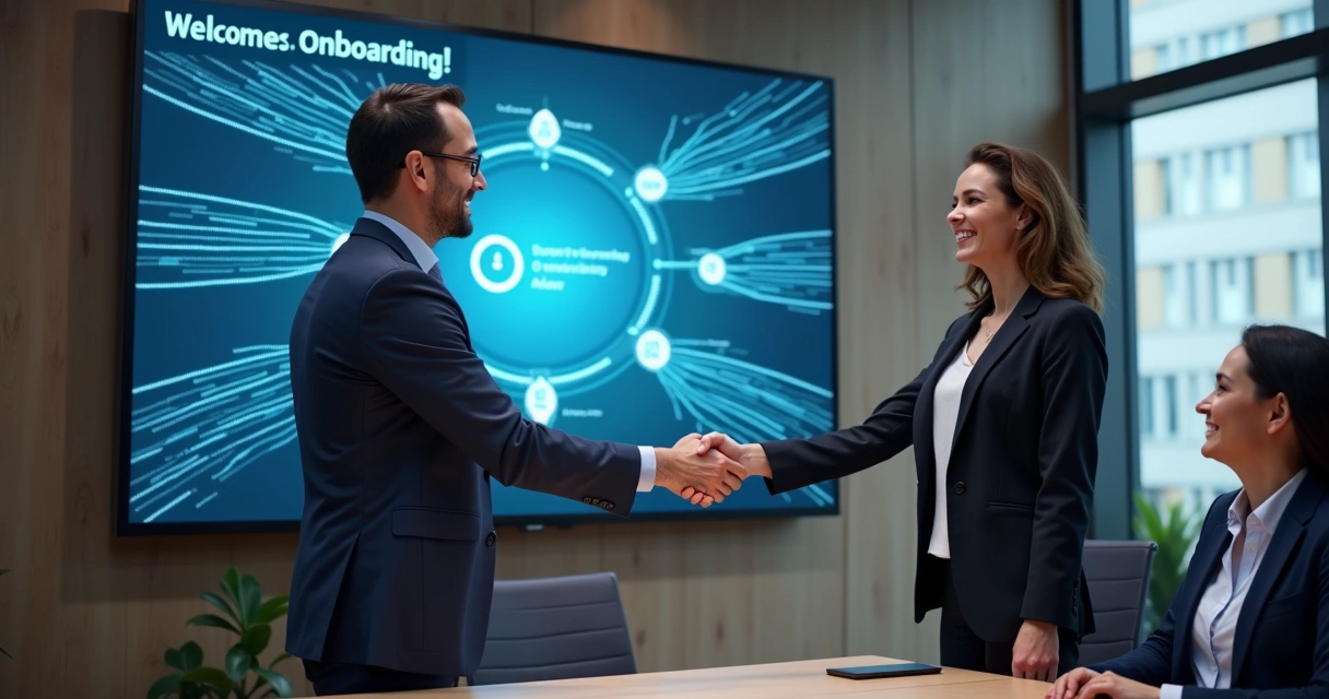 Integração entre humanos e inteligência artificial em onboarding, pessoas e computadores interagindo 