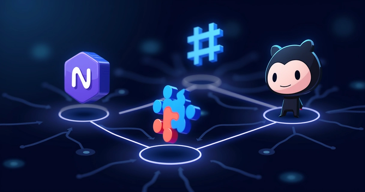 Notion, Jira, Slack e GitHub conectados por linhas digitais 
