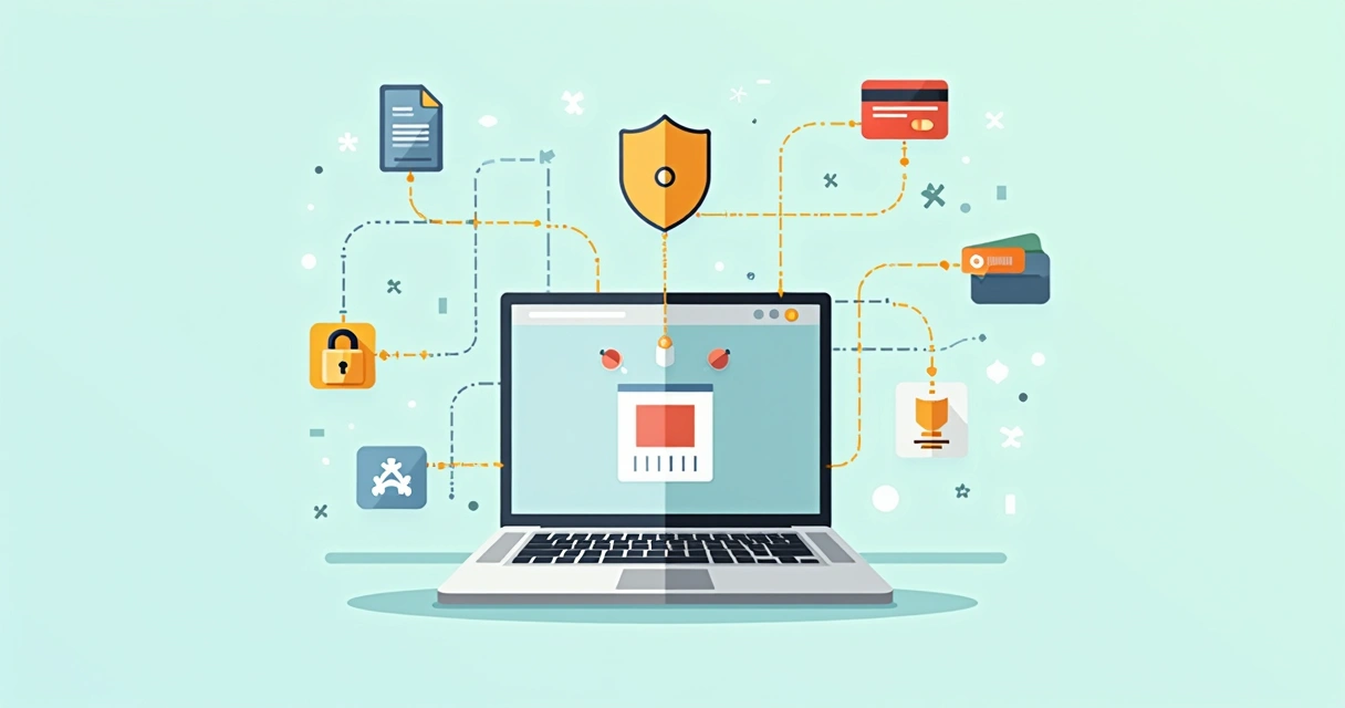 Ilustração de plataforma de ecommerce conectando elementos de segurança e métodos de pagamento