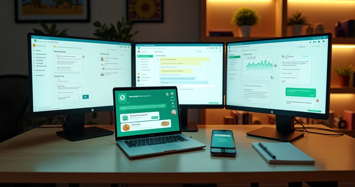Mesa com celular mostrando conversa de WhatsApp ligada a telas com Claude, ChatGPT e iZap 