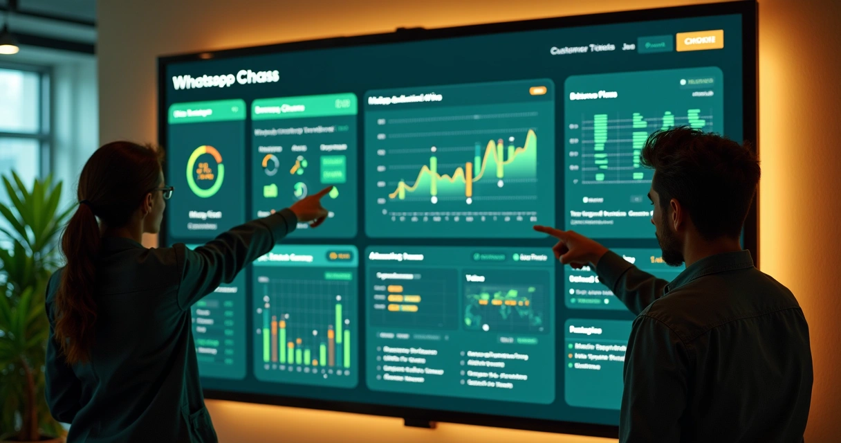 Colaboradores monitorando integrações automatizadas no WhatsApp em um painel digital 