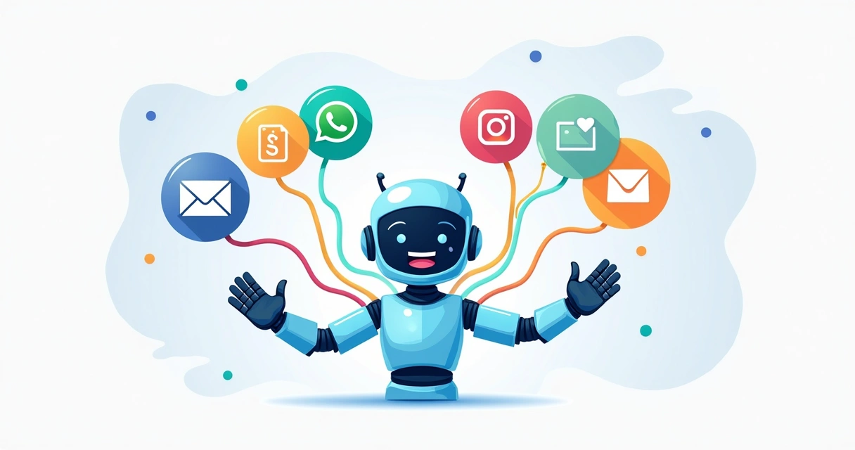 Ilustração de múltiplos canais de atendimento conectados por chatbots