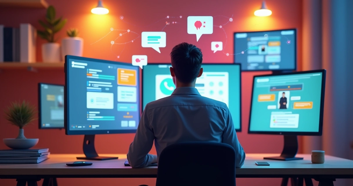 Pessoa usando notebook com diferentes canais de atendimento abertos na tela 