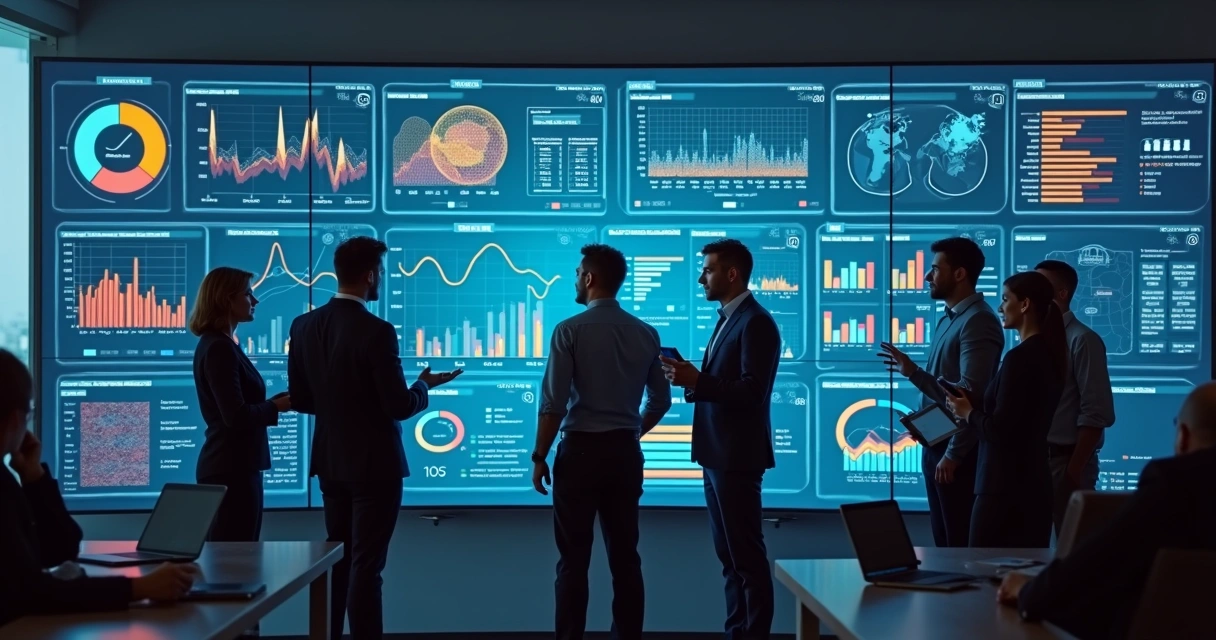Dashboard integrando dados de ERP, CRM e planilha, com gráficos coloridos em tela grande 