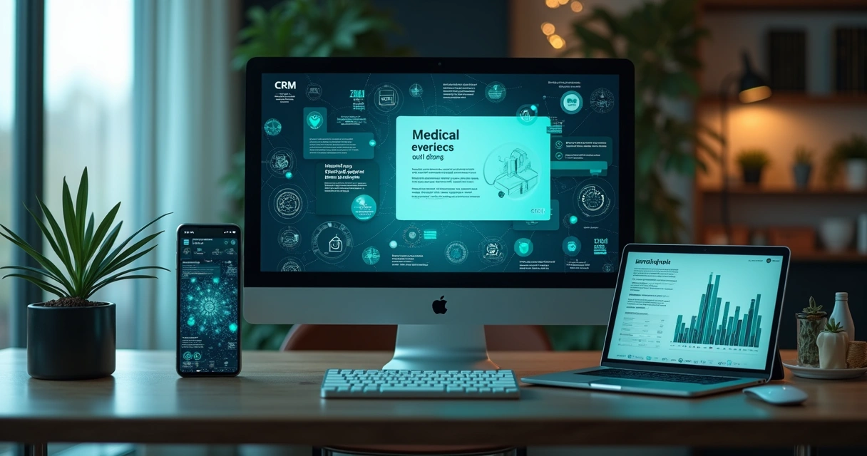 Integração de landing page médica com CRM em tela de computador e celular 