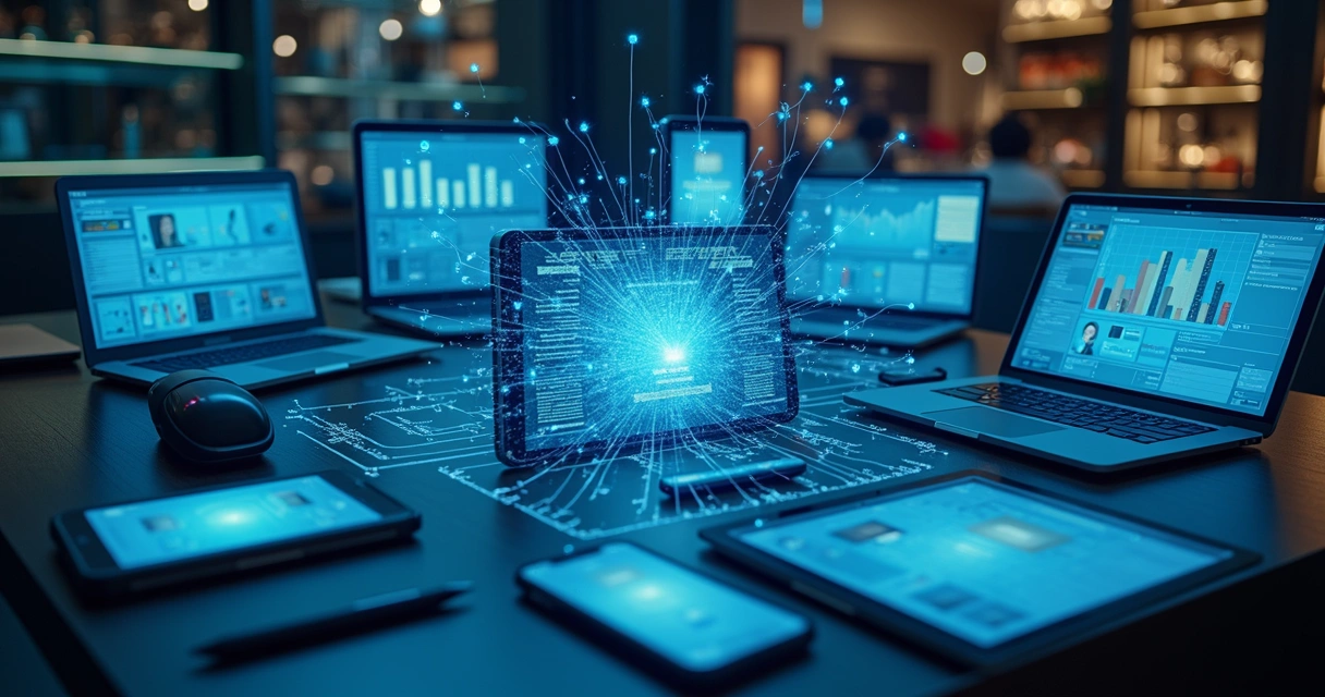 Diversos dispositivos conectados mostrando a integração entre PDV, e-commerce e estoque unificado 