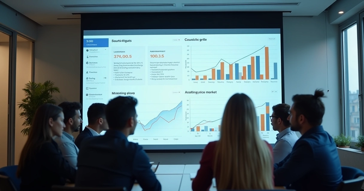 Equipe analisando roteiro integrado a painel digital de vendas 