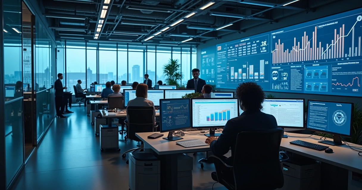 Funcionários analisando dados integrados em vários monitores. 
