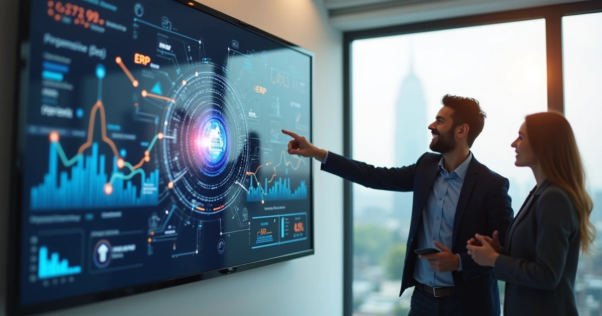 Painel mostrando integração de sistemas empresariais e indicadores em tempo real