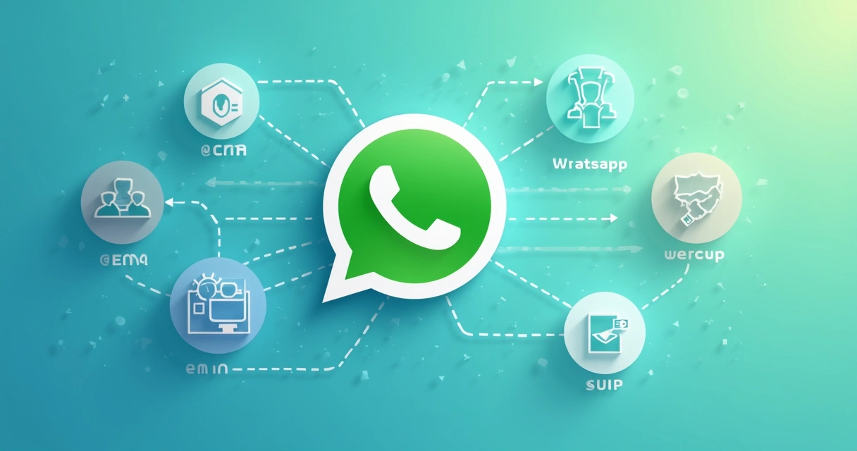 Ilustração de integrações entre WhatsApp, CRM e sistemas de pagamento 