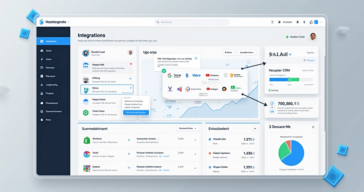 Painel com integrações entre plataforma, CRMs e chats digitais em destaque 