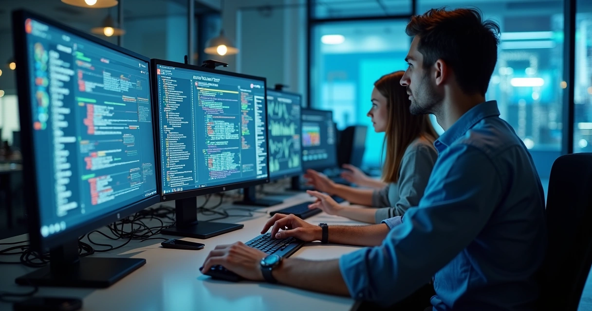 Equipe de TI conectando softwares em telas e ajustando integrações de IA no escritório 