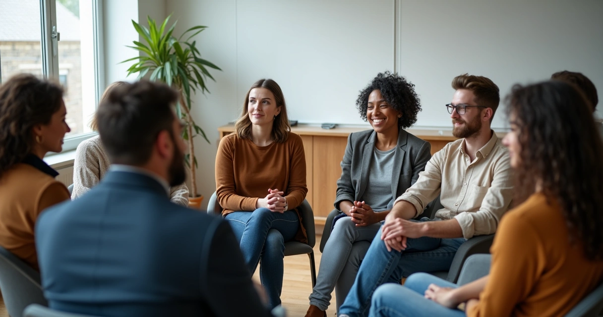 Universitários reunidos em círculo discutindo integração em constelação sistêmica 