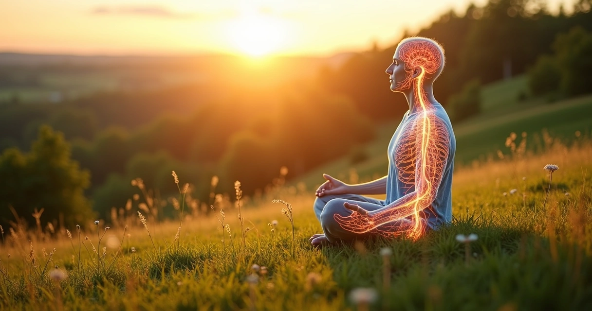 Ambiente natural com uma pessoa meditando; conexão entre natureza, corpo e mente 