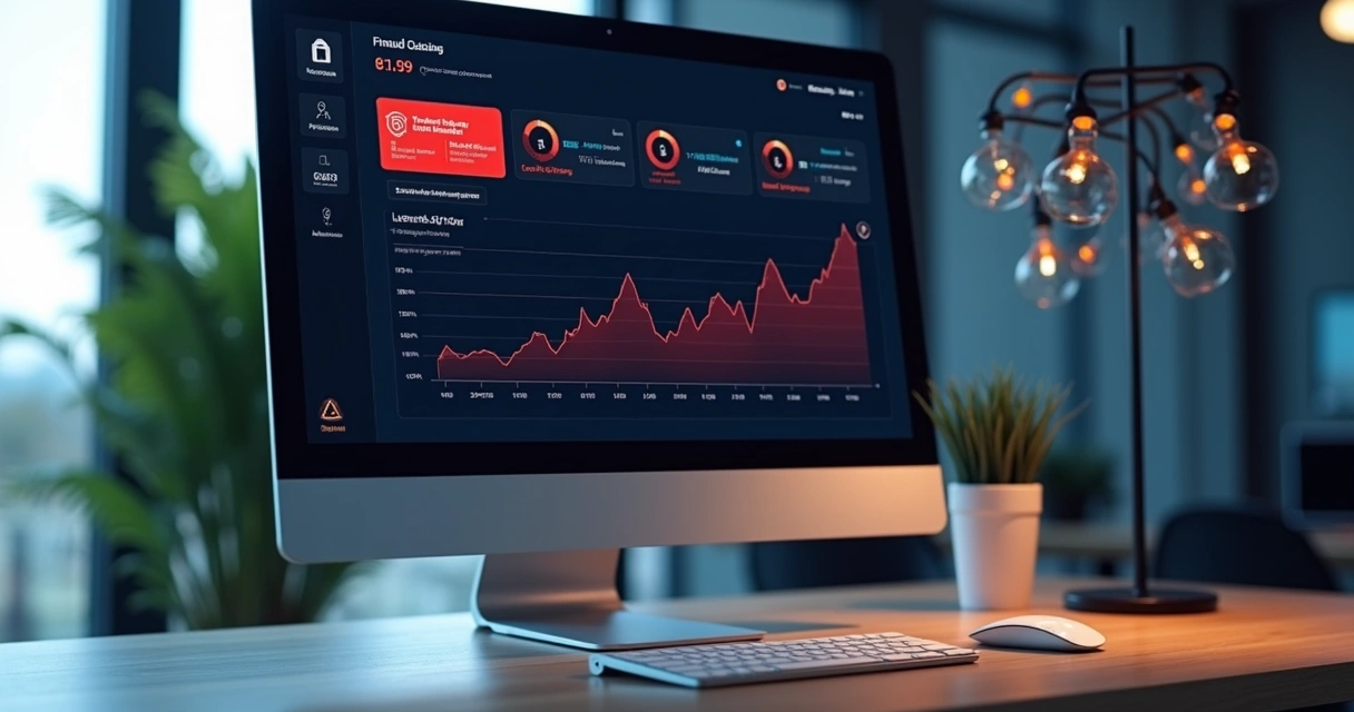 Tela de computador mostrando dashboard antifraude com alertas e gráficos detalhados