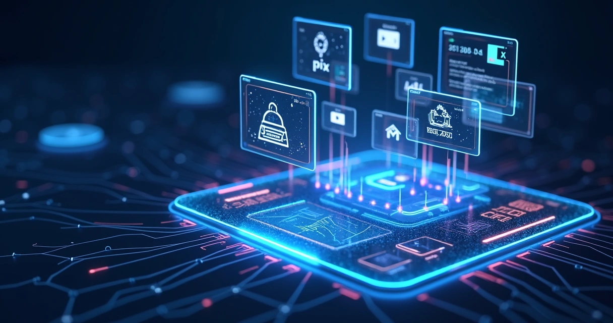 Interface digital mostrando integração de APIs entre banco, fintech e serviços financeiros automáticos 