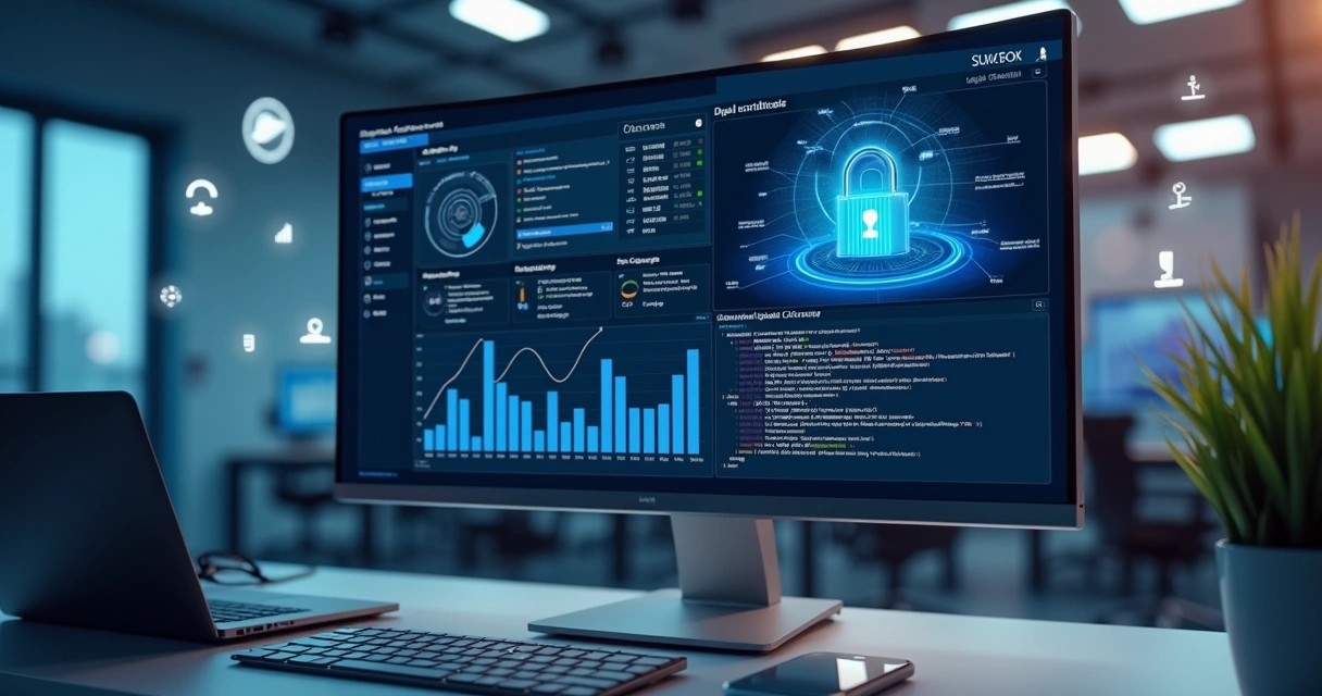 Tela de computador exibindo painel digital de integração de certidões via API com gráficos e códigos ao fundo 