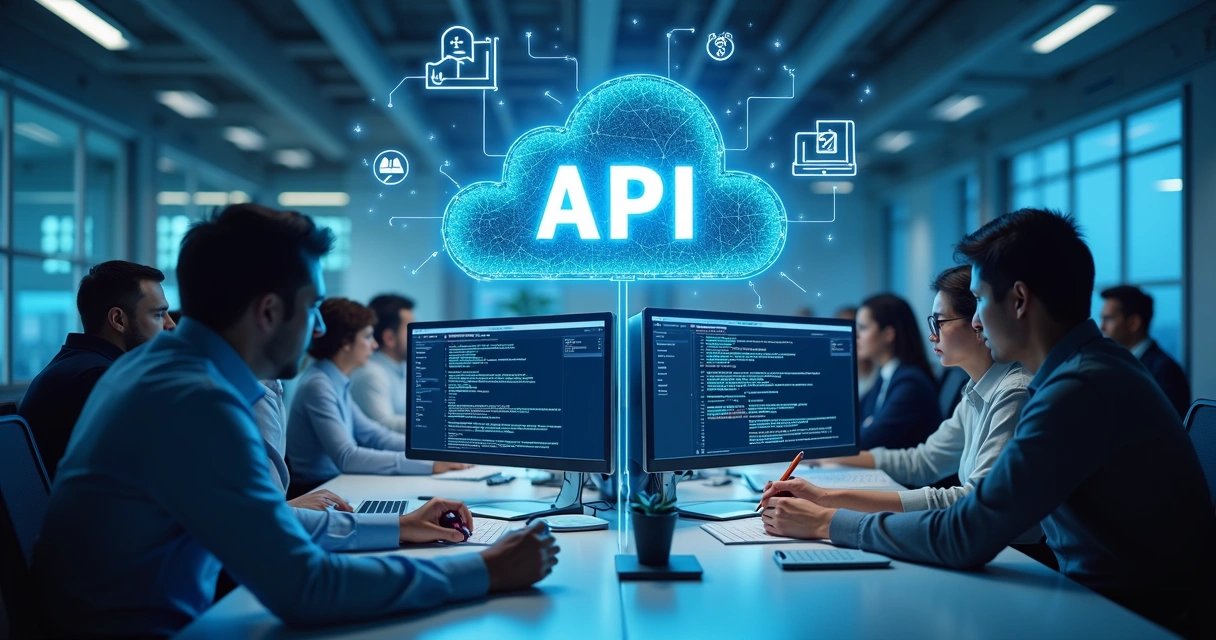 Equipe trabalhando em computadores conectados à API de validação 