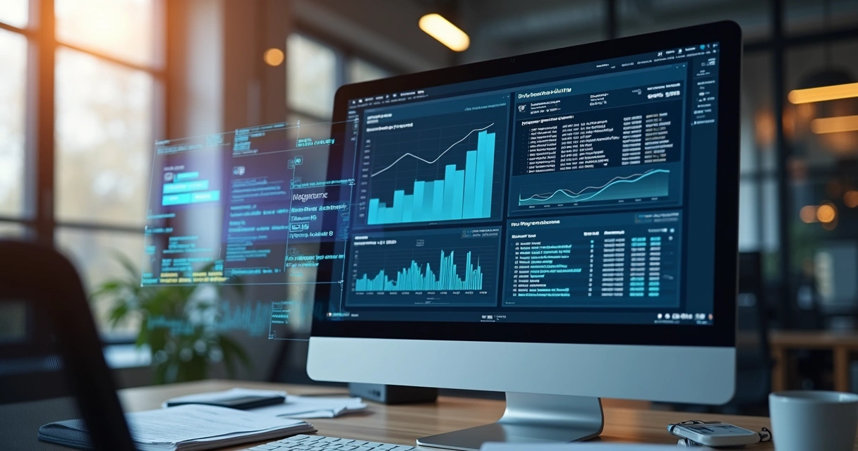 Computador com tela exibindo gráfico financeiro e códigos de API, ambiente de escritório moderno com servidores e documentos fiscais ao fundo 