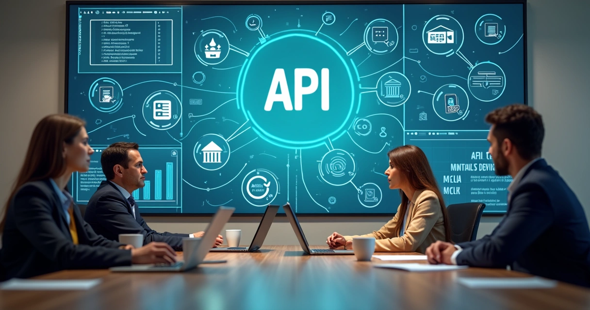 Equipe analisando painel de integrações de API no escritório 
