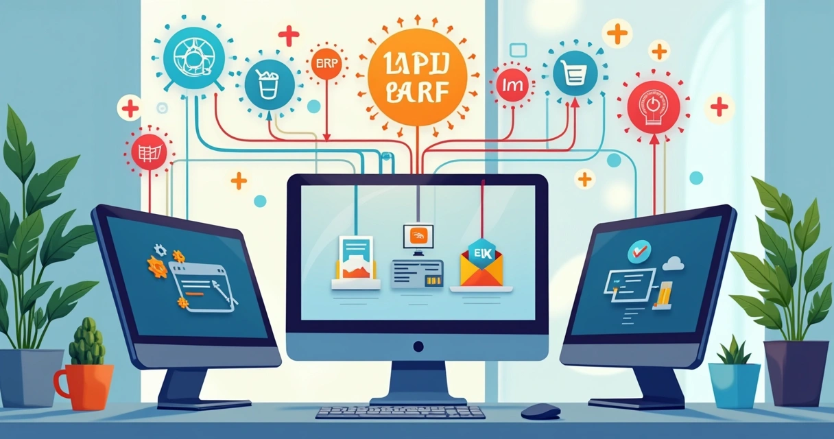 Ilustração de integração entre APIs conectando sistemas diversos em uma empresa 