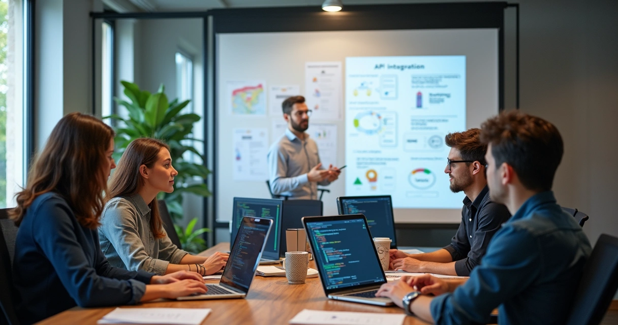 Equipe de tecnologia reunida configurando integração API em lousa e no computador 