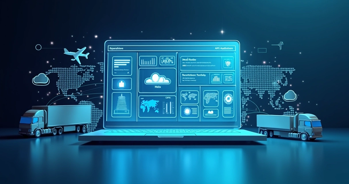 Painel 3D mostrando integração entre ERP e APIs de parceiros logísticos 