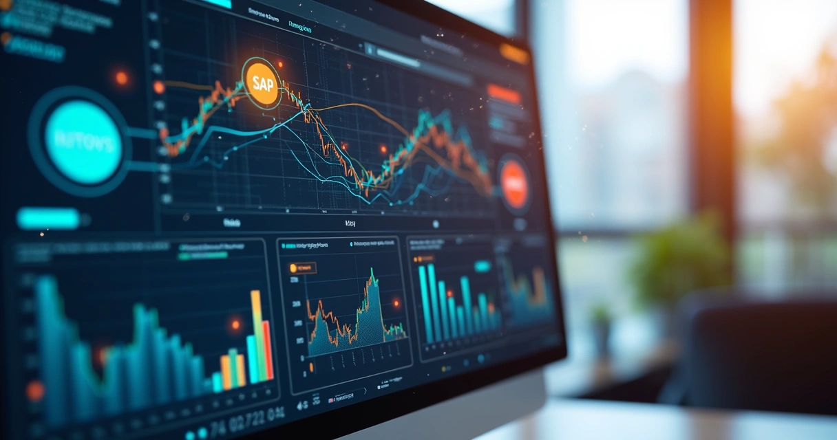 Tela de computador exibindo integração de APIs com gráficos financeiros e ícones de bancos e sistemas contábeis conectados 