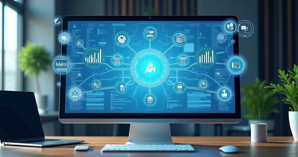 Tela de dashboard com gráficos ilustrando processos fiscais automatizados e APIs integradas 