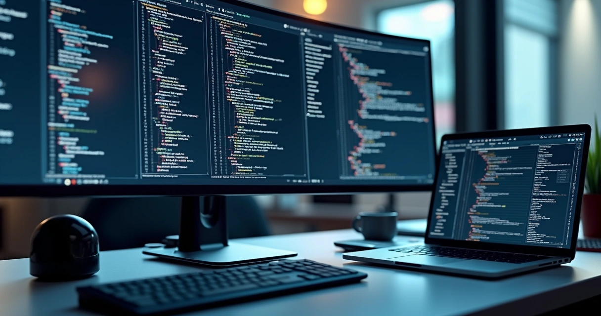 Interface de computador mostrando código de API e integração com sistema ERP em ambiente de escritório moderno 