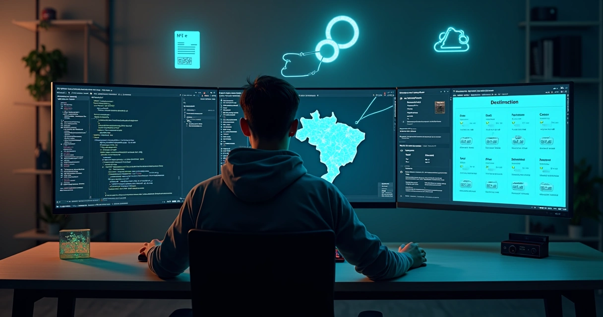 Desenvolvedor integrando API de NF-e em dashboard com fluxos fiscais digitais 