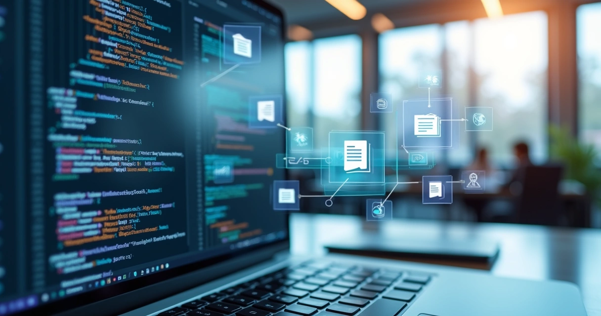 Tela de computador exibindo código de integração API NFS-e com gráficos digitais e ícones de nota fiscal eletrônica ao fundo