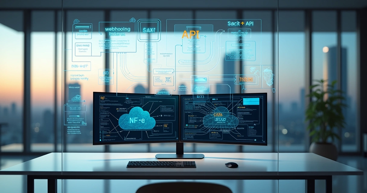 Arquitetura visual de integração entre ERP e API de notas fiscais na nuvem 
